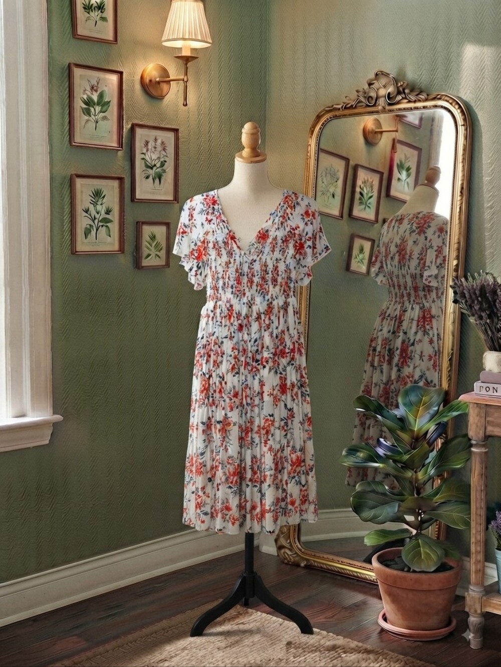 torrid Cream Floral Midi Dress with Coral Accents